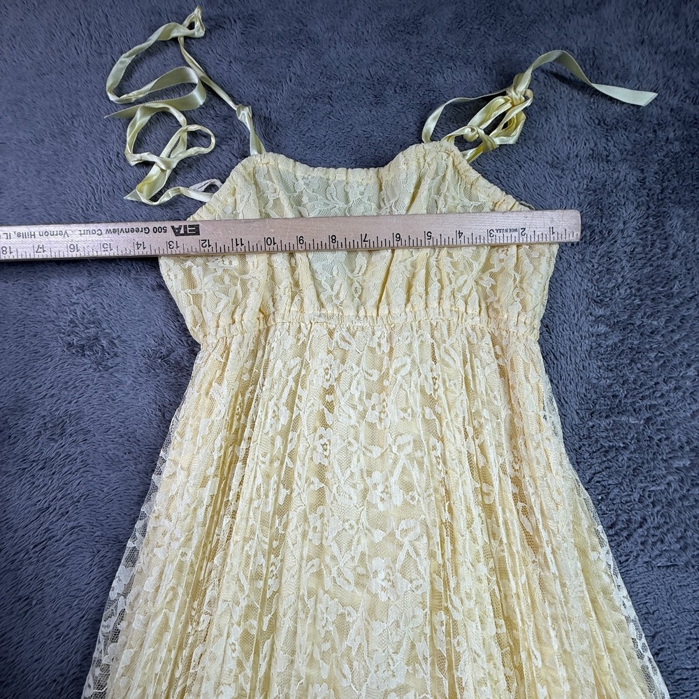Vintage 70s Yellow Lace Maxi Dress Tie Shoulder Straps Boho Empire Waist Floor - Picture 9 of 9